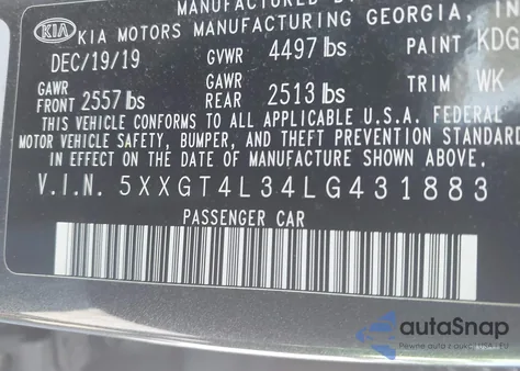 2020 Kia Optima Lx from USA, damaged, VIN 5XXGT4L34LG431883